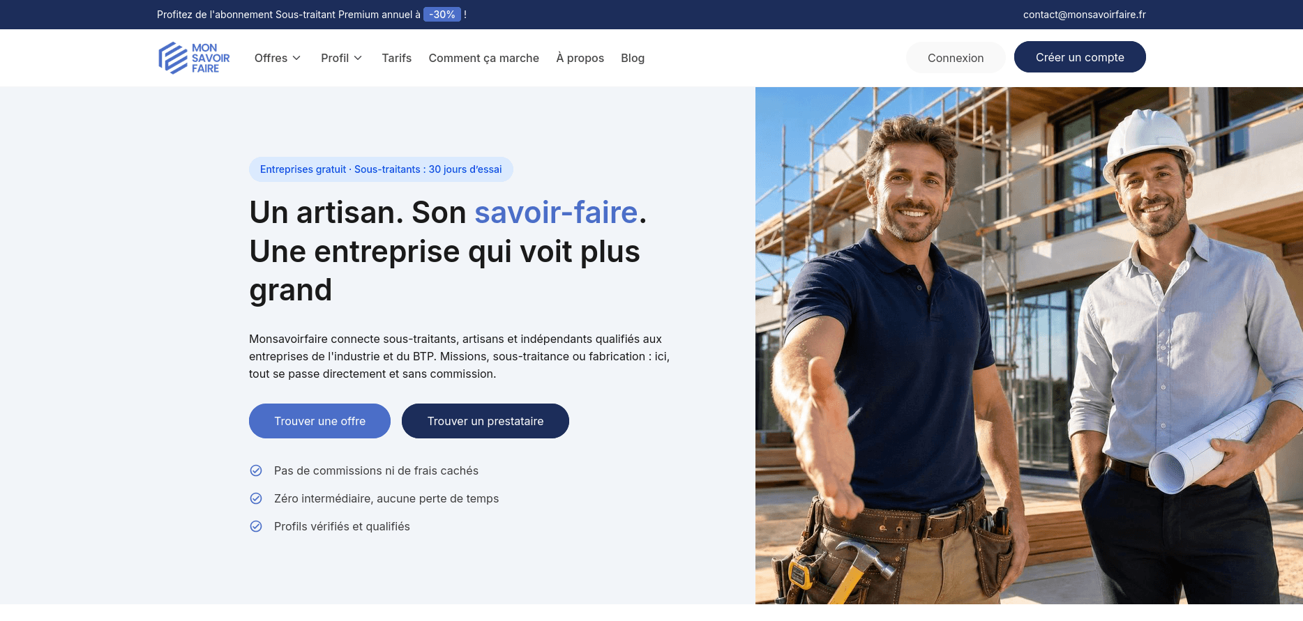 Landing page monSavoirFaire — plateforme SaaS B2B pour l’industrie et le BTP